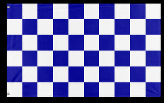 A mockup of the custom flag 'Blue and White Checkered Flag' on a white background