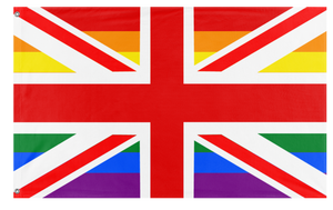 A mockup of the custom flag 'British Union Jack Pride Flag' on a white background