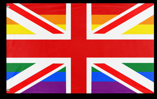 A mockup of the custom flag 'British Union Jack Pride Flag' on a white background
