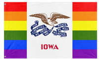 A mockup of the custom flag 'Iowa Pride Flag' on a white background