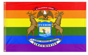 A mockup of the custom flag 'Michigan Pride Flag' on a white background