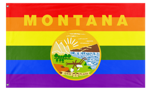 A mockup of the custom flag 'Montana Pride Flag' on a white background