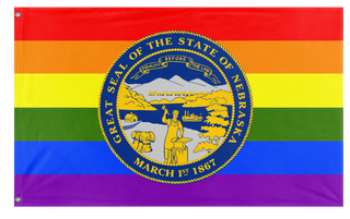 A mockup of the custom flag 'Nebraska Pride Flag' on a white background