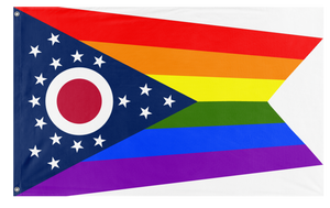 A mockup of the custom flag 'Ohio Pride Flag' on a white background