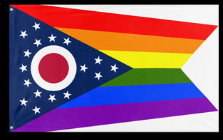 A mockup of the custom flag 'Ohio Pride Flag' on a white background