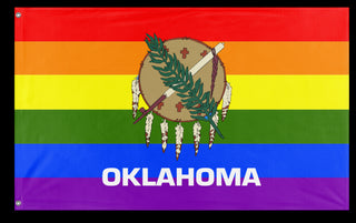 A mockup of the custom flag 'Oklahoma Pride Flag' on a white background