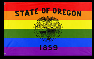 A mockup of the custom flag 'Oregon Pride Flag' on a white background