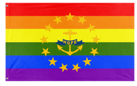 A mockup of the custom flag 'Rhode Island Pride Flag' on a white background