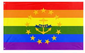 A mockup of the custom flag 'Rhode Island Pride Flag' on a white background