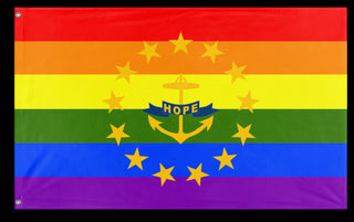 A mockup of the custom flag 'Rhode Island Pride Flag' on a white background