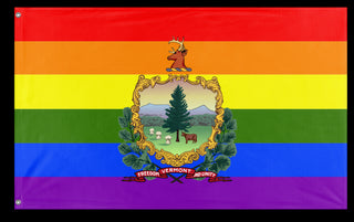 A mockup of the custom flag 'Vermont Pride Flag' on a white background