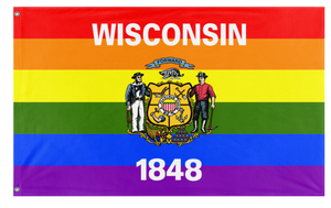 A mockup of the custom flag 'Wisconsin Pride Flag' on a white background