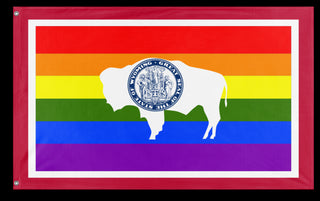A mockup of the custom flag 'Wyoming Pride Flag' on a white background