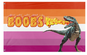 A mockup of the custom flag 'lesbian dinosaur flag' on a white background