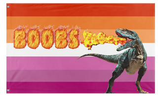 A mockup of the custom flag 'lesbian dinosaur flag' on a white background