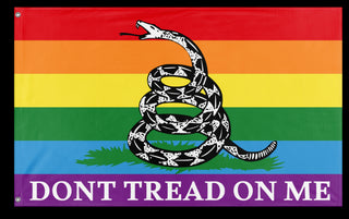 A mockup of the custom flag 'Gadsden Pride Flag' on a white background