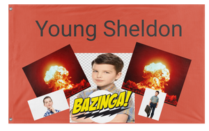 A mockup of the custom flag 'Young Sheldon flag' on a white background