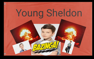 A mockup of the custom flag 'Young Sheldon flag' on a white background
