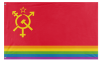 A mockup of the custom flag 'Luxury Gay Space Communism Flag' on a white background