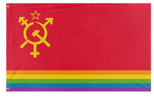 A mockup of the custom flag 'Luxury Gay Space Communism Flag' on a white background