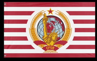 A mockup of the custom flag 'Socialist Commonwealth of United States Flag' on a white background