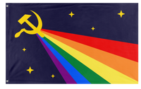 A mockup of the custom flag 'Luxury Gay Space Communism Flag' on a white background