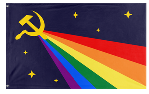 A mockup of the custom flag 'Luxury Gay Space Communism Flag' on a white background