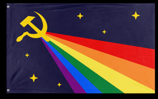 A mockup of the custom flag 'Luxury Gay Space Communism Flag' on a white background