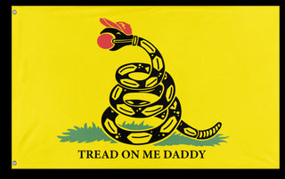 A mockup of the custom flag 'Please Tread On Me Daddy Flag' on a white background