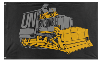 A mockup of the custom flag 'Killdozer Become Ungovernable Flag' on a white background