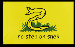 A mockup of the custom flag 'No Step on Snek flag' on a white background