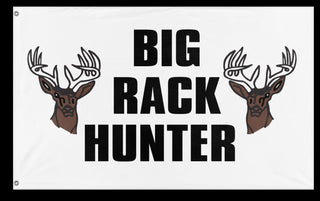 A mockup of the custom flag 'Big Rack Hunter flag' on a white background