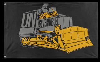 A mockup of the custom flag 'Killdozer Become Ungovernable Flag' on a white background