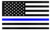 A mockup of the custom flag 'Thin Blue Line Flag' on a white background