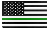 A mockup of the custom flag 'Thin Green Line Flag' on a white background