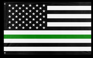 A mockup of the custom flag 'Thin Green Line Flag' on a white background