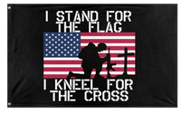 A mockup of the custom flag 'Stand For The Flag, Kneel For The Cross Flag' on a white background