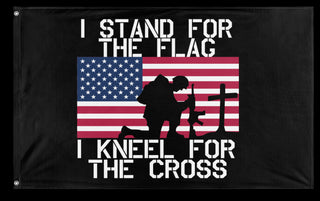 A mockup of the custom flag 'Stand For The Flag, Kneel For The Cross Flag' on a white background