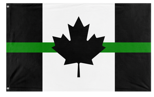 A mockup of the custom flag 'Thin Green Line Canada Flag' on a white background