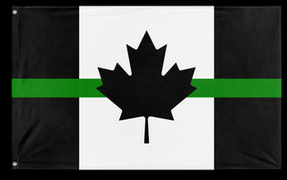 A mockup of the custom flag 'Thin Green Line Canada Flag' on a white background