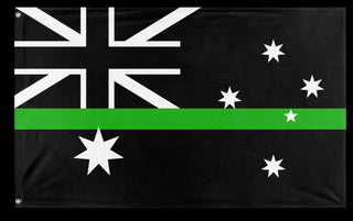 A mockup of the custom flag 'Thin Green Line Australia Flag' on a white background