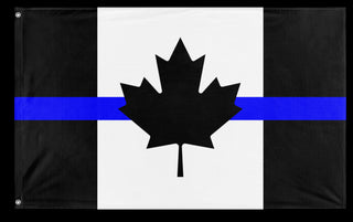 A mockup of the custom flag 'Thin Blue Line Canada Flag' on a white background