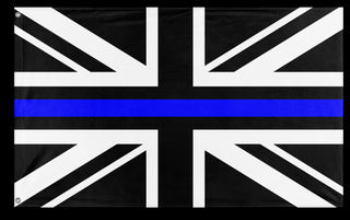 A mockup of the custom flag 'Thin Blue Line United Kingdom Flag' on a white background