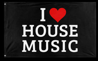 A mockup of the custom flag 'House Music Flag' on a white background