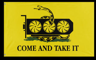 A mockup of the custom flag 'Come and Take It GPU Gadsden Flag' on a white background