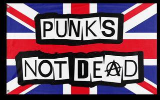 A mockup of the custom flag 'Punk Is Not Dead Flag' on a white background