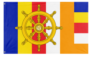 A mockup of the custom flag 'Dharma Buddhist Flag' on a white background