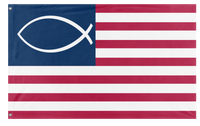 A mockup of the custom flag 'American Jesus Fish flag' on a white background