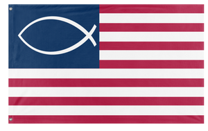 A mockup of the custom flag 'American Jesus Fish flag' on a white background