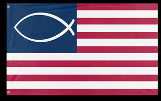 A mockup of the custom flag 'American Jesus Fish flag' on a white background